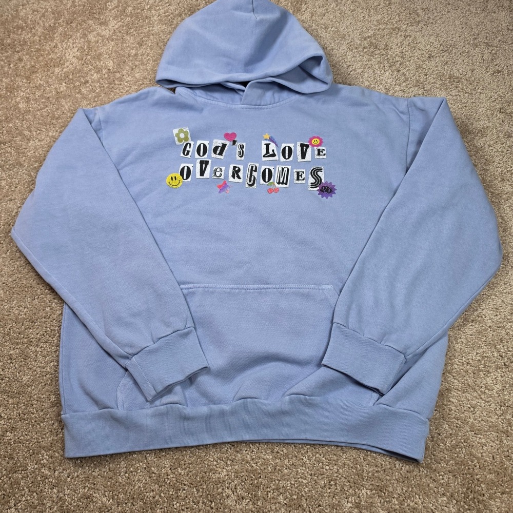 God's Love Overcomes Hoodie Blue Graphic Cotton Blend Streetwear Size L
